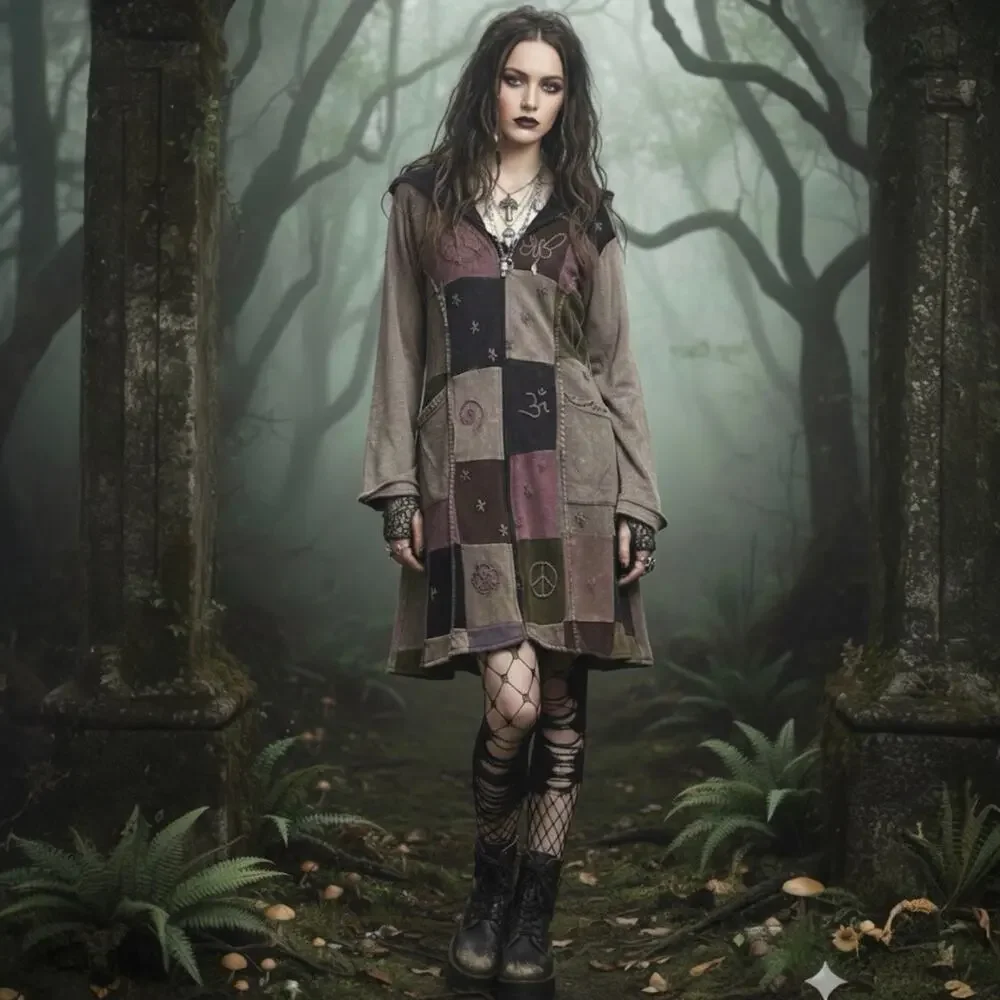 VTG Kathmandu Imports Boho Fairy Grunge Artsy Patchwork Zip Jacket Tunic Dress L - Picture 3 of 16